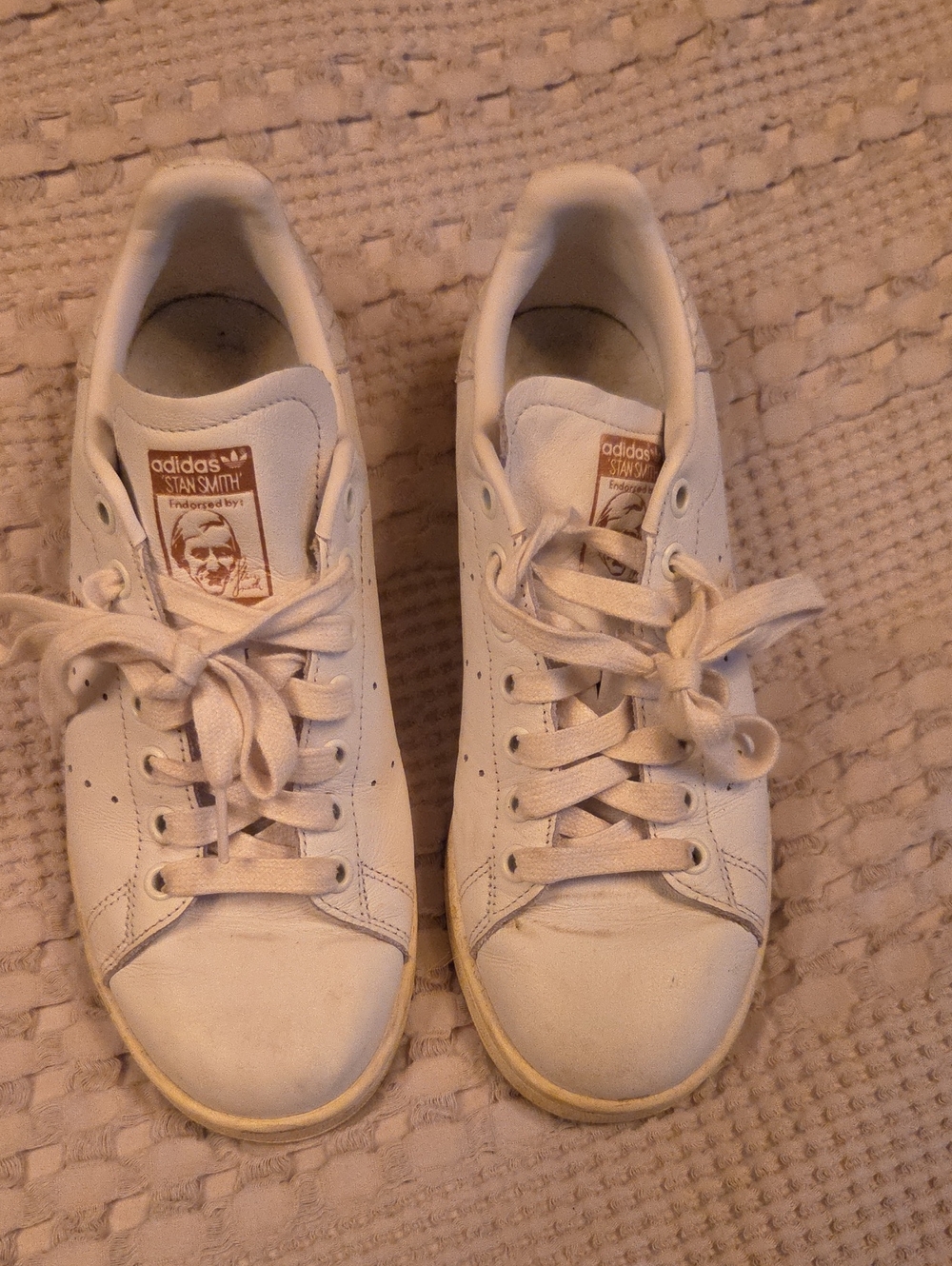 adidas White Leather Stan Smith Sneakers with Brown Tongue Logo